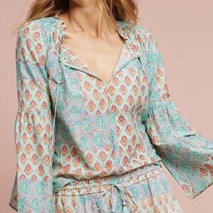 Anthropologie Lilka Boho Paisley Sweetest Dreams Peasant Top, Teal Orange,S